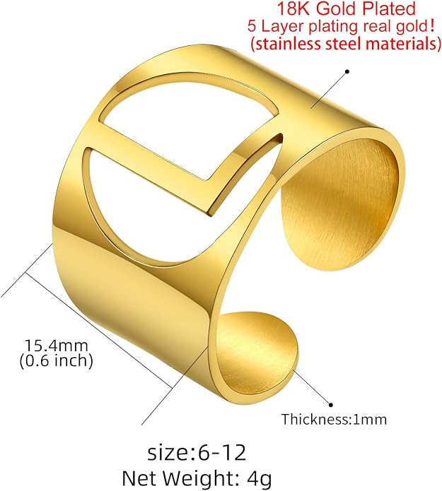 KeyStyle Bold Initial Letter Rings Adjustable, GoldChic Jewelry Women Gold Statement Ring Personalized Engraved Women’s Open Signet Ring for Party (Gold, White Gold, Black)