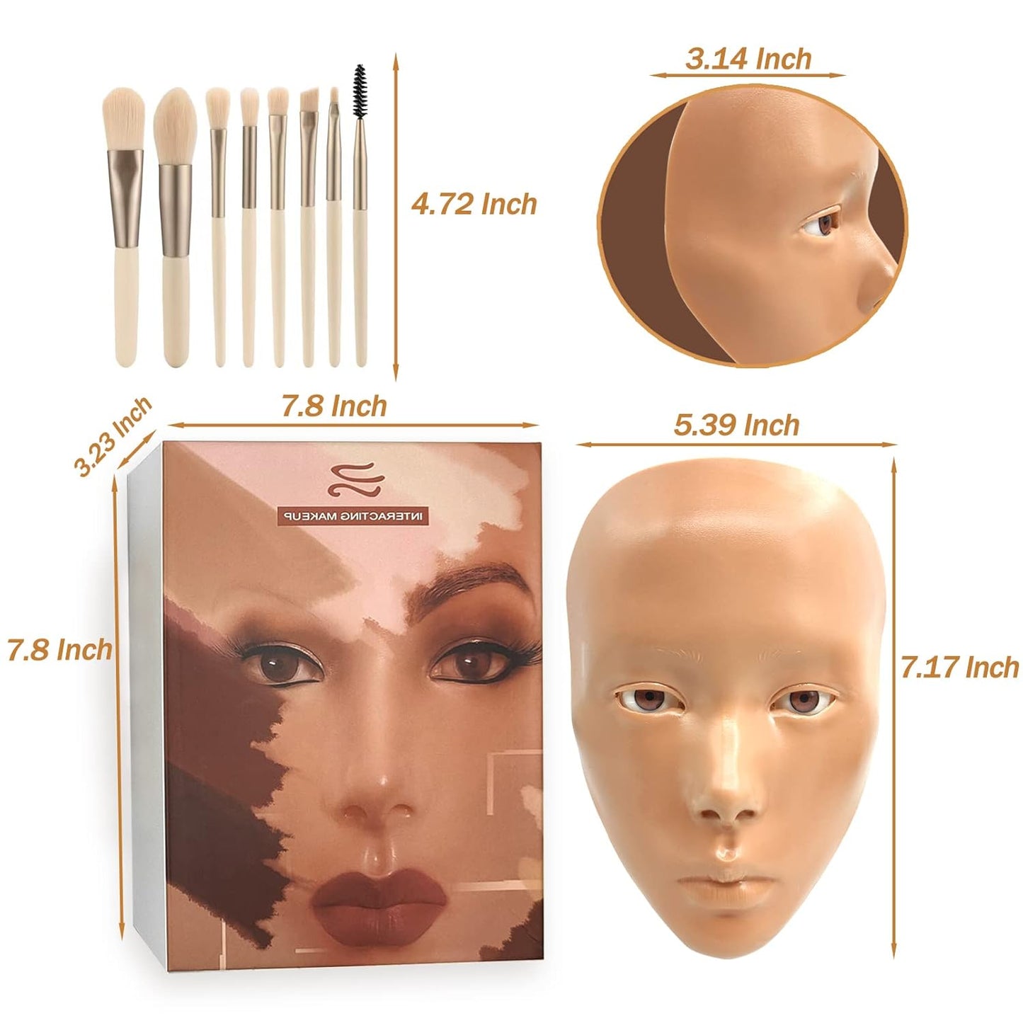 3D Makeup Practice Face,Reusable Makeup Mannequin Face with Makeup Brushes Set,Silicone Full Face Practice Eyelash Eye Shadow,for Emerging Makeup Artist,for Girl's Gift