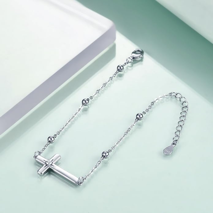 Rnivida 925 Sterling Silver Evil Eye Cross Chain Bracelet for Women,Adjustable