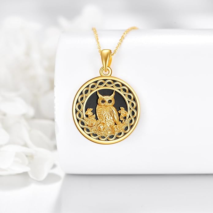 Owl Birthstone Necklace Sterling Silver Celtic Moon Pendant Cubic Zirconia Owls Jewelry Birthday Gifts for Women Men