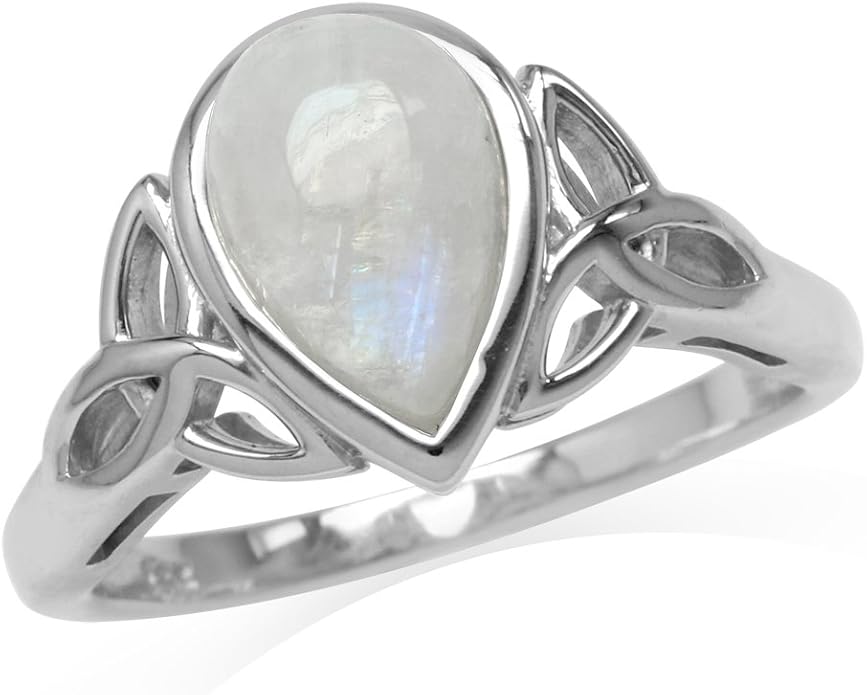 Silvershake 10X7mm Pear Shape Cabochon Gemstone White Gold Plated 925 Sterling Silver Triquetra Trinity Celtic Knot Solitaire Ring Jewelry for Women