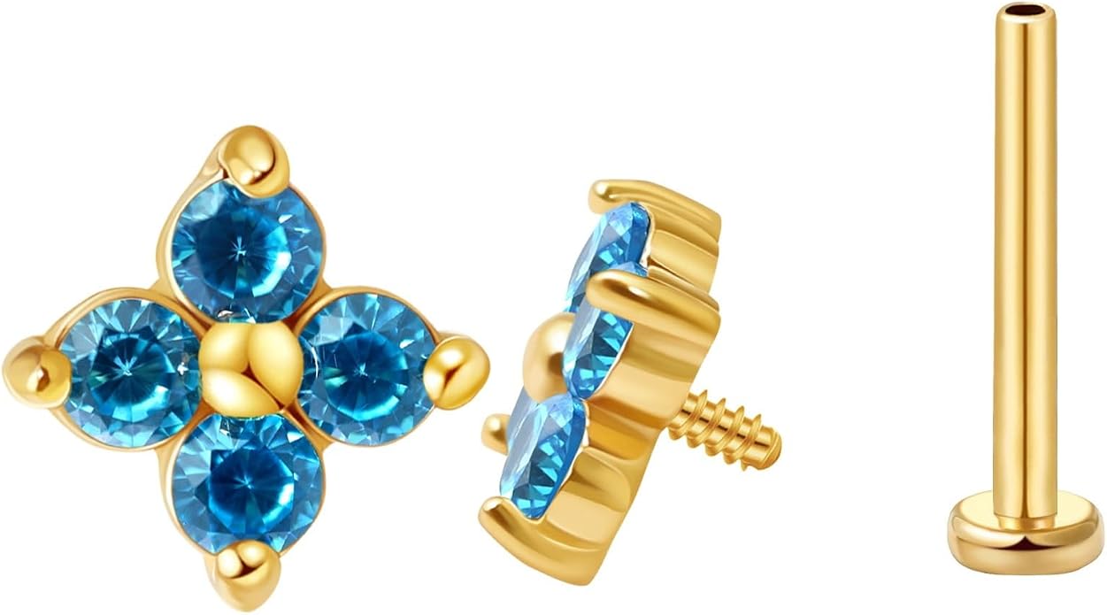 FANSING CZ Flower Internally Threaded Flat Back Earring Labret Stud for Cartilage Tragus Helix Conch