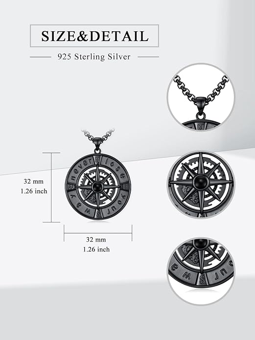POIUY Graduation Gifts for Men, Compass Necklace, 18k White & Black Gold Plated - Compass Pendant, Graduation Jewelry, Anniversary Birthday Gift for Graduates College Students Son Brother Him
