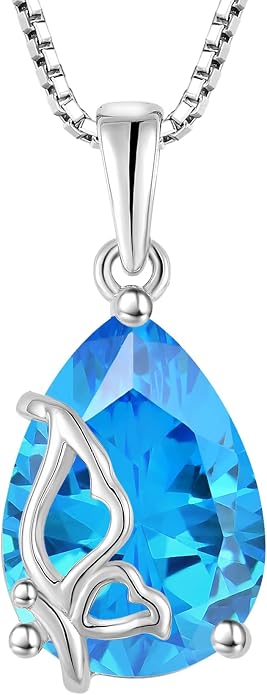 Teardrop Necklace 925 Sterling Silver Butterfly Pendant Necklace Birthstone Jewelry for Women