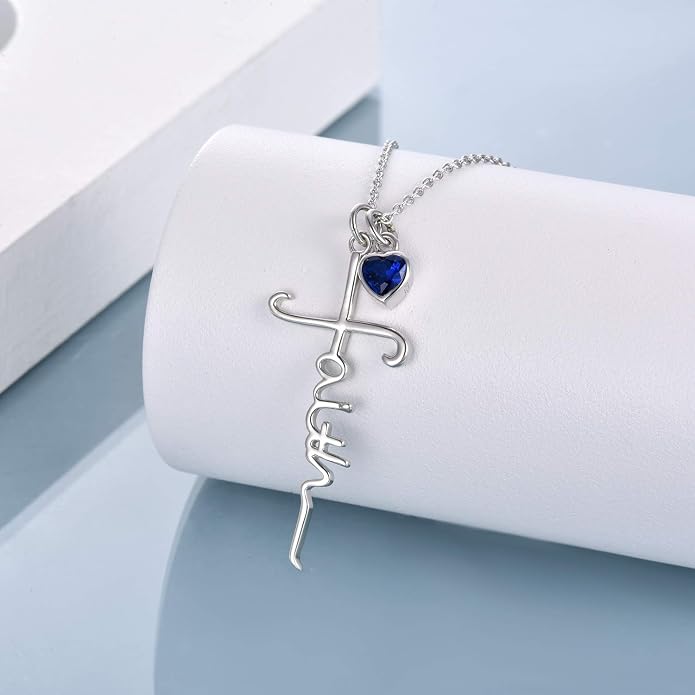 Faith Cross Necklace For Women Birthstone Sterling Silver with Simulated Birthstone Cross Jewelry Christian Gifts