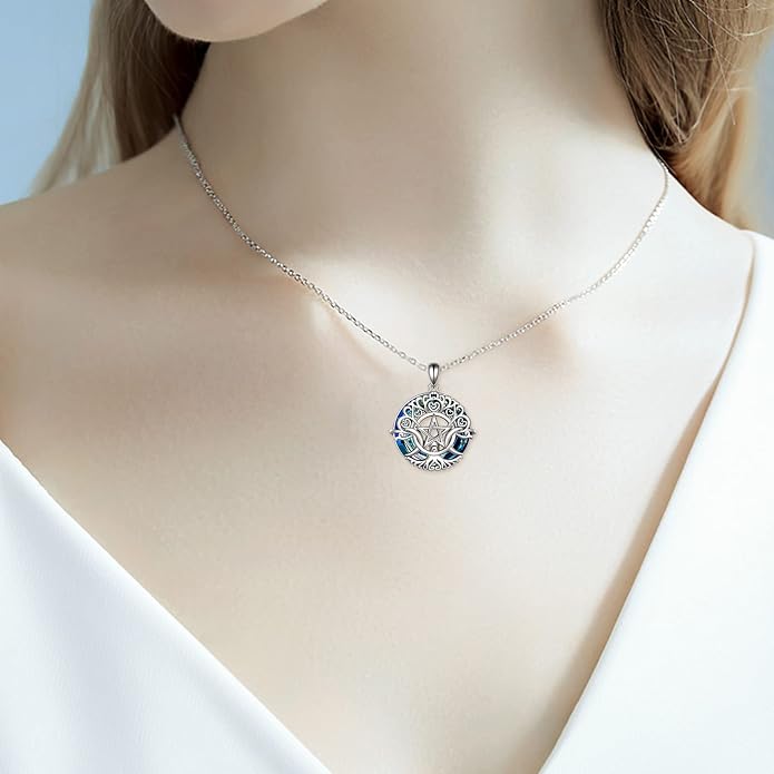 YFN Triple Moon Goddess Necklace Sterling Silver Pentagram Pentacle Opal Pendant necklace Pagan Wiccan Magic Amulet Tree of Life Jewelry for Women Men 18"