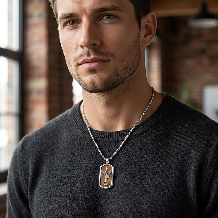 ONEFINITY Wooden Necklace Viking Wolf/St Benedict Medals/St Michael/Crucifix/St Christopher Pendant Necklace for Men Archangel Amulet Wooden Religious Jewelry Gifts for Men Women
