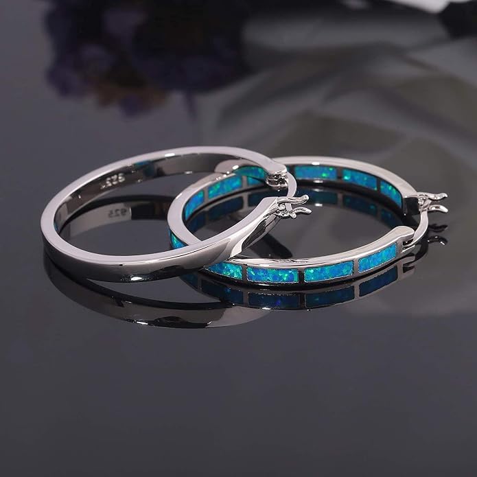 CiNily Opal Hoop Earrings,Women Jewelry Rhodium Plated/Rose Gold or Yellow Gold Plated Gemstone Big Hoop Earrings 32mm