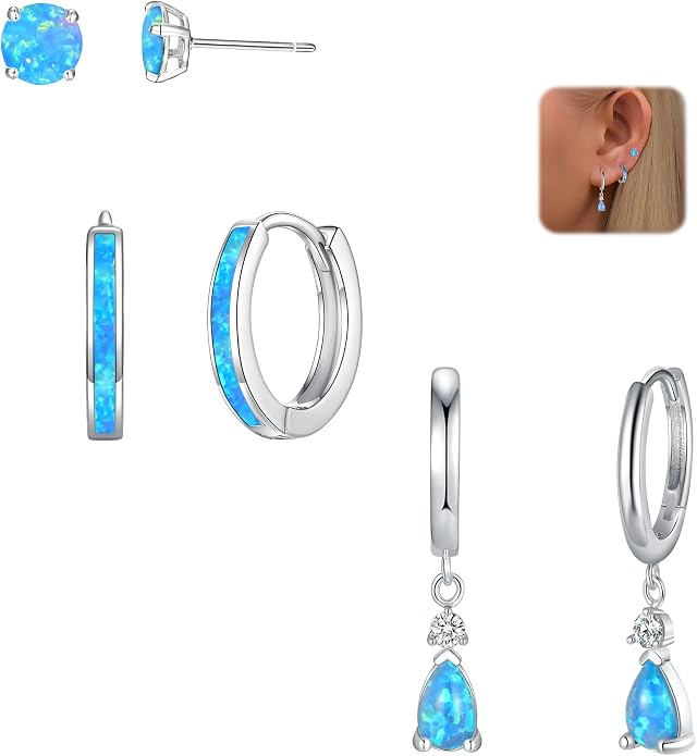 CiNily Opal Earrings Set for Women Hypoallergenic, Opal Stud Huggie Hoop Earrings Silver/Rose Gold Plated Dainty Hoop Huggie Silver Dangle Earring Stacks, Gold Jewelry