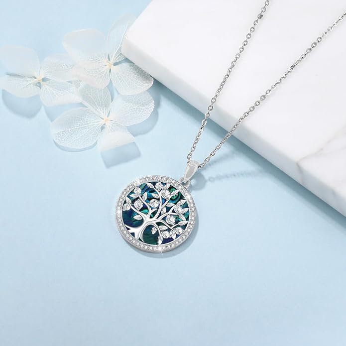 Aniu Tree of Life Necklace for Women, 925 Sterling Silver Mother of Pearl Family Palm Tree Charm Pendant Jewelry for Birthday Christmas Gift