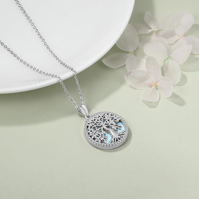 Aniu Tree of Life Necklace for Women, 925 Sterling Silver Mother of Pearl Family Palm Tree Charm Pendant Jewelry for Birthday Christmas Gift