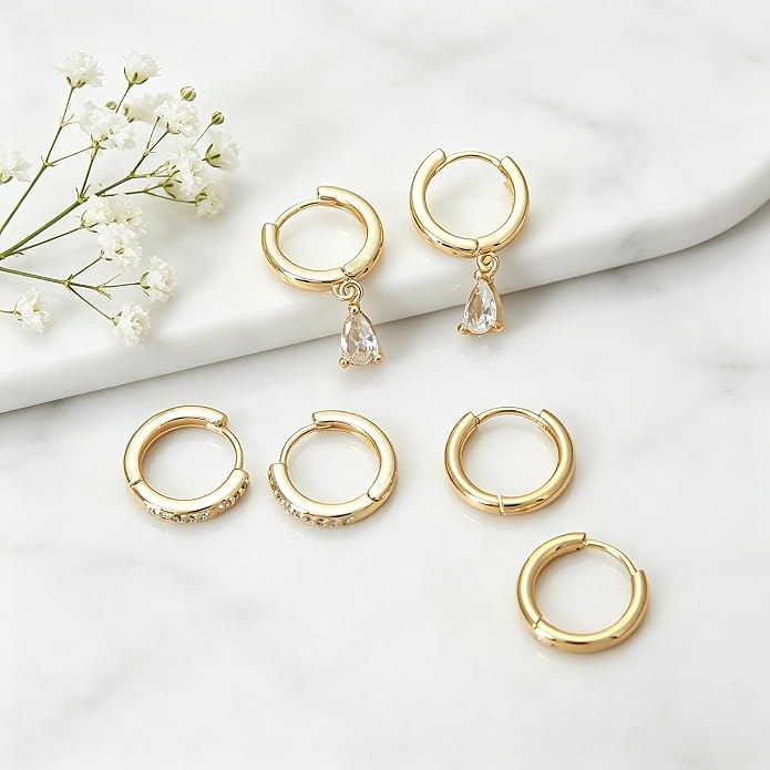 Stainless Steel Stud Earrings Set for Women Hypoallergenic Flat Back Cartilage Earrings Screw Back Huggie Hoop Earrings Multiple Piercing Cubic Zirconia Helix Tragus Jewelry