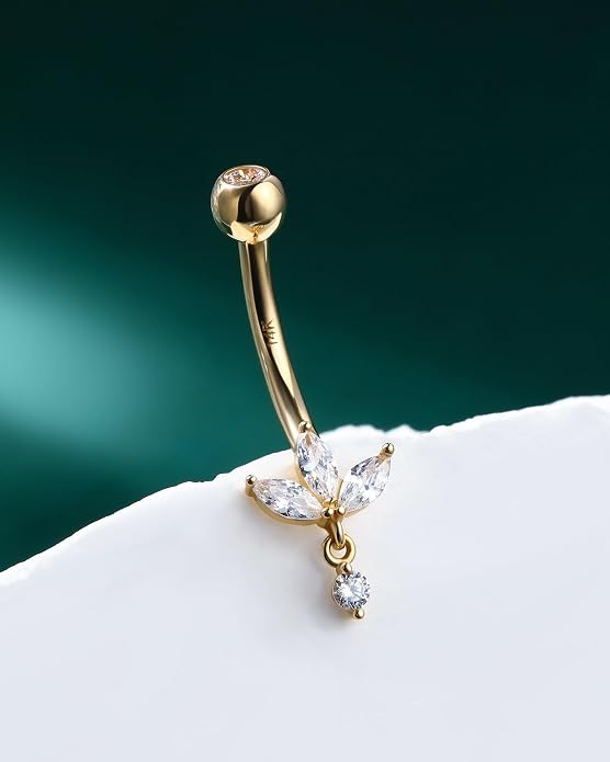 COCHARM 14K Solid Gold Belly Button Rings 14K Gold Belly Rings for Women 10MM Barbell 14k Gold Flower Belly Piercing Jewelry