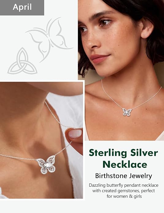 925 Sterling Silver Birthstone Necklaces for Women, Dainty Cute Dragonfly/Butterfly Pendant Necklace, Great Christmas/Anniversary Jewelry for Mother