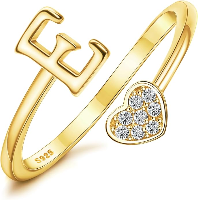 MILACOLATO 925 Sterling Silver Initial Rings for Women Teen Girl 18K Gold Plated Heart Initial Rings Adjustable Capital Letter Ring Stackable Thumb Pinky Rings for Daughter Birthday Bridesmaid Gifts Jewelry, A to Z