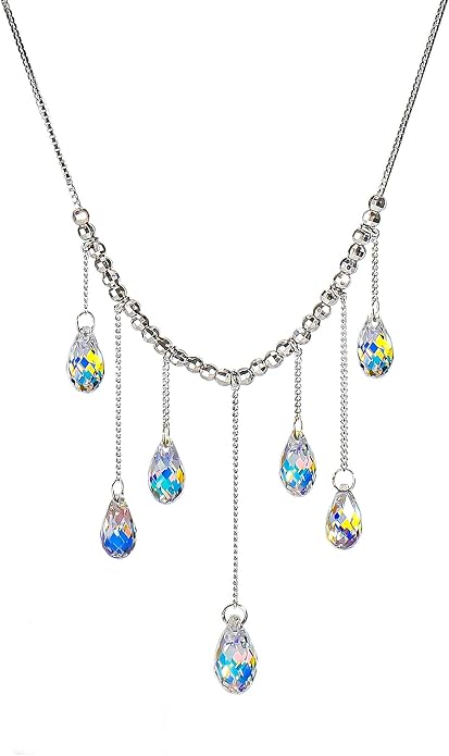 925 Sterling Silver Handmade Crystals Rain Drop Tassel layered Pendant Boho necklace statement Chandelier shape Lobster Clasp Length Choker 18"+2" Ideal Gift for Women Ladies Dress accessories.