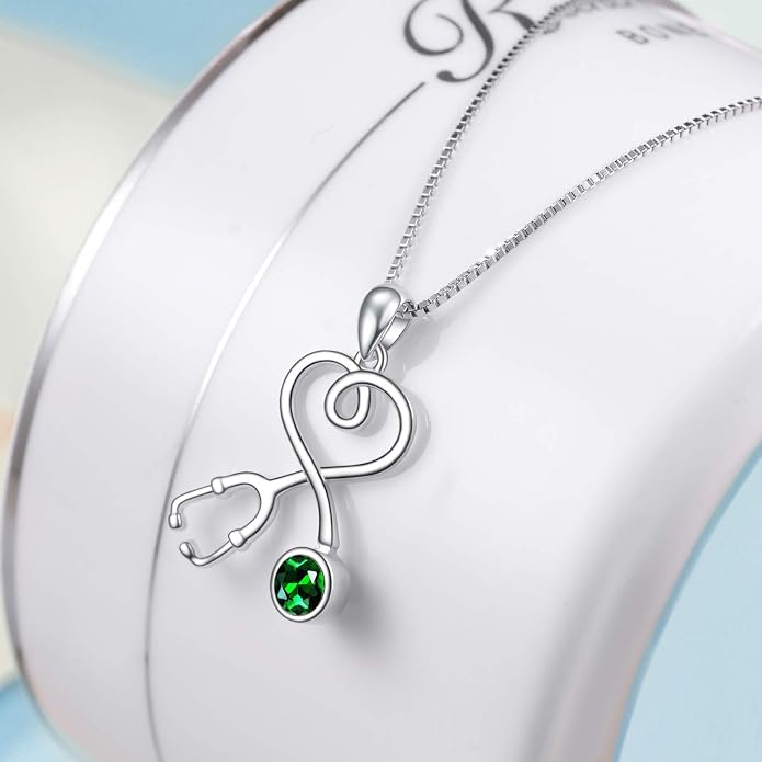 AOBOCO Stethoscope Necklace 925 Sterling Silver Embellished with 12 Months Birthstone Crystals from Austria, Graduation Gifts Medical Jewelry for Doctor Nurse Medical Student RN