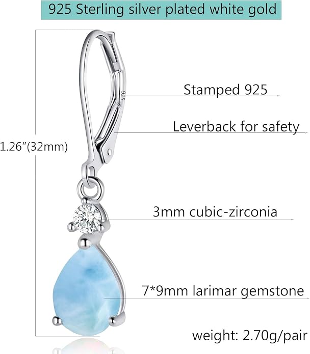 925 Sterling Silver Blue Topaz/Amethyst/Rainbow Quartz CZ Teardrop Leverback Earrings Drop Dangly Gemstone Earings Hypoallergenic Birthday Jewelry Gifts for Women