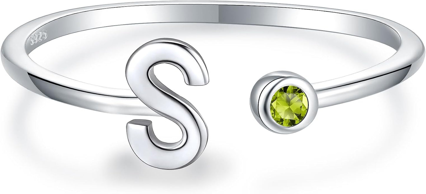 925 Sterling Silver Initial Letter Birthstone Rings for Women Adjustable 1-12 Month Birthstone Alphabet Stacking Ring for Teens Girls Stackable Birthstone Rings Birthday Jewelry Gift for Daughter Mom
