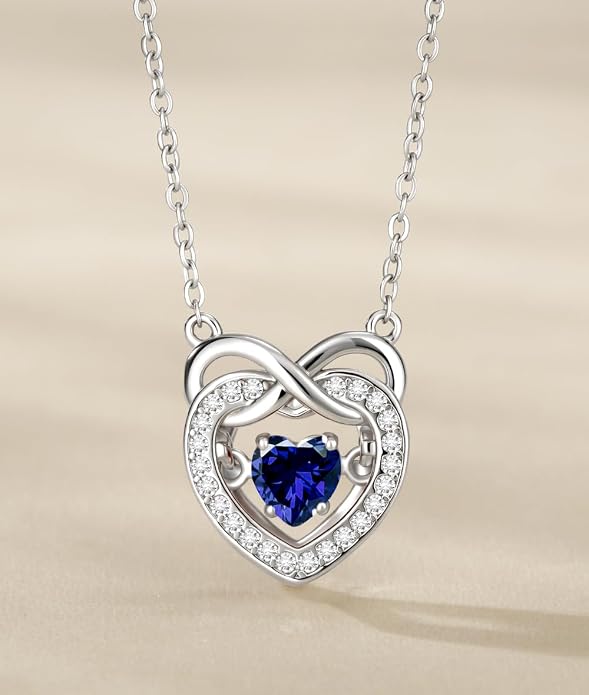 Trendy Dainty Infinity Birthstone Necklace, Dancing Heart 18K White Gold Plated 925 Sterling Silver Heart Necklace, Romantic Love Jewelry Graduation Gifts for Women Her
