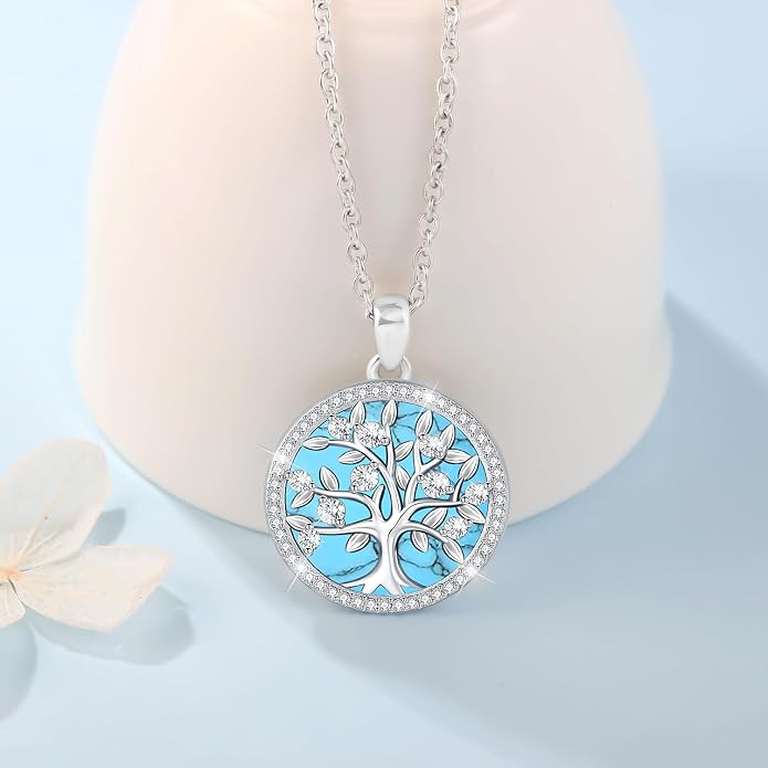 Aniu Tree of Life Necklace for Women, 925 Sterling Silver Mother of Pearl Family Palm Tree Charm Pendant Jewelry for Birthday Christmas Gift