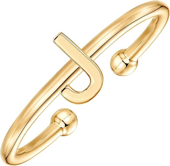 PAVOI 14K Gold Plated Initial Letter Adjustable Ring for Women - Thin Initial Band - Dainty Fashion Jewelry Gifts