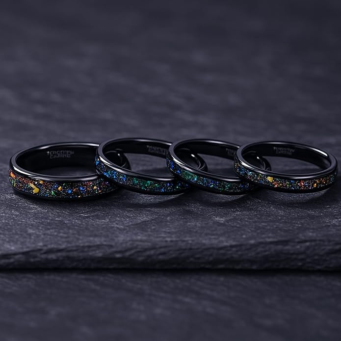 TRUMIUM 4mm 6mm Wedding Rings for Men Women Tungsten Carbide Galaxy Opal and Sandblast Inlay Multi-Colored Mens Wedding Band Beveled Edges Comfort Fit Size 5-13