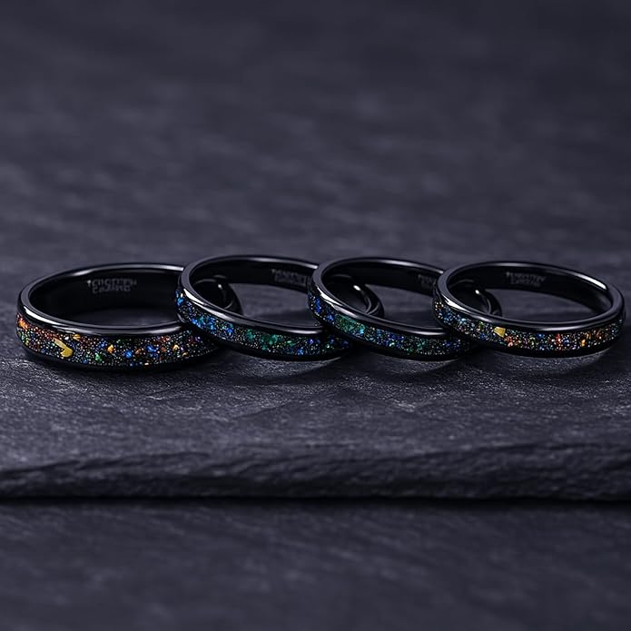 TRUMIUM 4mm 6mm Wedding Rings for Men Women Tungsten Carbide Galaxy Opal and Sandblast Inlay Multi-Colored Mens Wedding Band Beveled Edges Comfort Fit Size 5-13