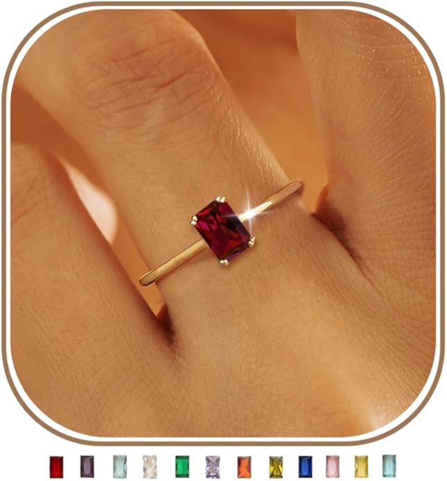 KAERUN Gold Birthstone Rings for Women Non Tarnish 14K Gold Plated Stackable CZ Thumb Eternity Rings Dainty Emerald Green Gemstone Engagement Ring for Mother Lover Birthday Jewelry Gifts Size 6-10