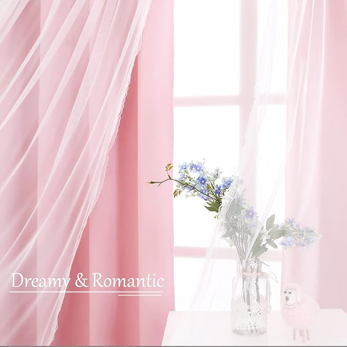 SOFJAGET Pink Blackout Curtains 96 Inch Long - Double Layers Mix & Match Elegance White Crushed Voile Curtains with Tie-Backs, Pink Drapes for Nursery, Girls Bedroom, LivingRoom, 2 PCs