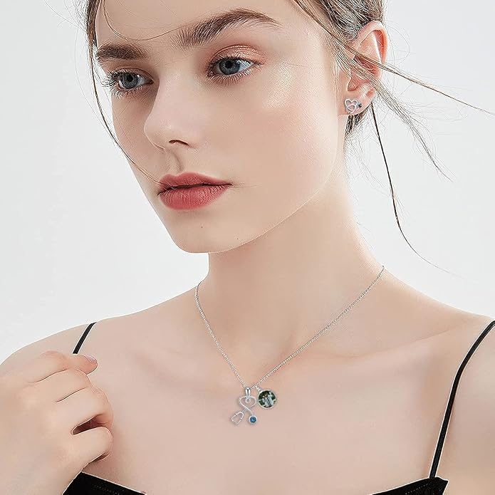AOBOCO Stethoscope Necklace 925 Sterling Silver Embellished with 12 Months Birthstone Crystals from Austria, Graduation Gifts Medical Jewelry for Doctor Nurse Medical Student RN