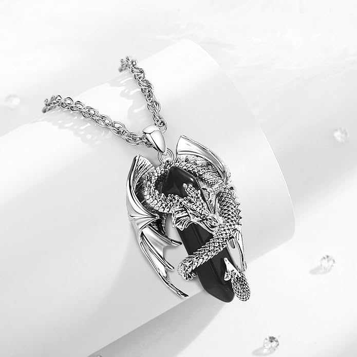 INFUSEU Unique Dragon Necklaces with Healing Crystal Stone for Men Women, Personalized Spiritual Gifts, 24 Inch Chain
