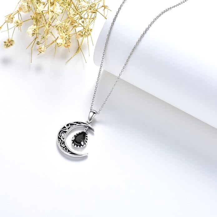 VONALA Crescent Moon Necklace Sterling Silver Emerald/Red/Purple/Black/Rainbow Topaz/Green/Aquamarine/Blue/Moss Agate Celtic Moon Teardrop Necklace Celtic Jewelry Gifts for Women Birthday