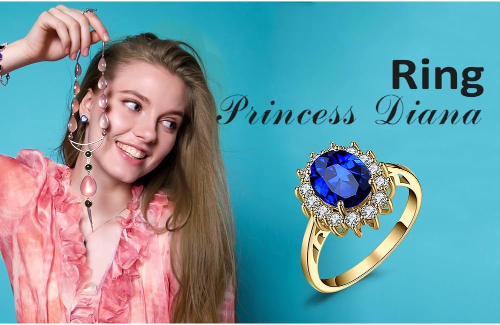 JewelryPalace Princess Diana Kate Middleton Class Gemstone Birthstone Sapphire Halo Engagement Rings for Women, Anniversary 14K White Yellow Rose Gold Plated 925 Sterling Silver Promise Rings for Her