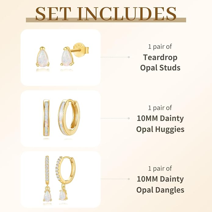 Opal Earrings Set for Women, Birthday Gift for Her, Sterling Silver | 14K Gold Plated, Hypoallergenic S925 Opal Hoop Stud Earrings for Women with Sensitive Ears, Dainty earring Stacks—Trendy Opals Jewelry 2026