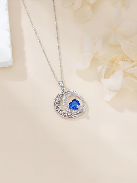 Dorunmo Heart Birthstone Necklace for Women 925 Sterling Silver Moon and Star Pendant Birthday Jewelry Gifts for Wife Her Daughter Mom