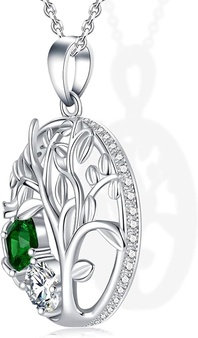 Tree of Life Birthstone Necklace for Women 925 Sterling Silver Birthstone Pendant 12 Months Necklaces with Zircon Birthday Gifts for Women, Mom, Grandma Cable Chain 18"+2"