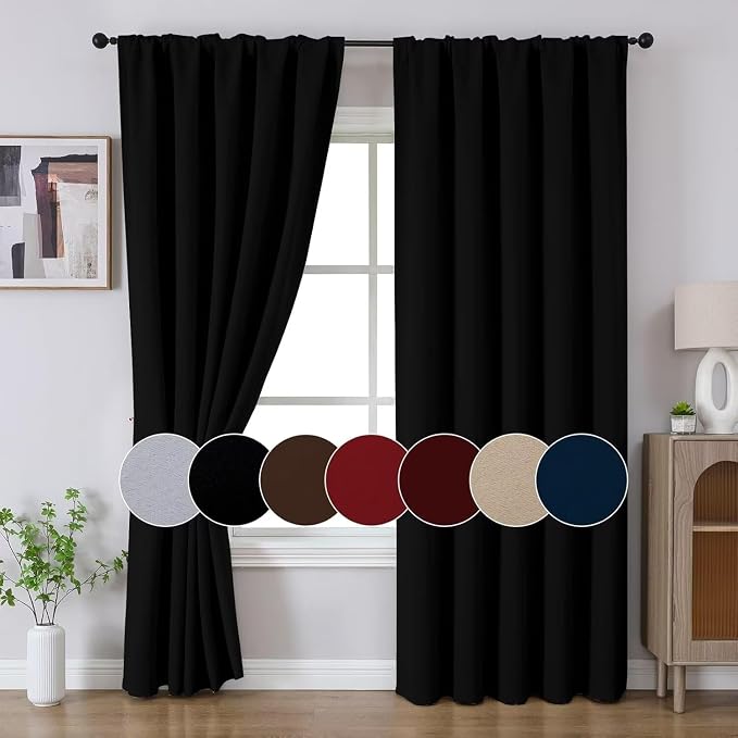 Joydeco 90 Inch Blackout Curtains for Bedroom,Thermal Insulated Black Out Curtains 2 Panels Set, Room Darkening Drapes for Living Room Window Rod Pocket Back Tab (W37 x L90 Inch, Black)