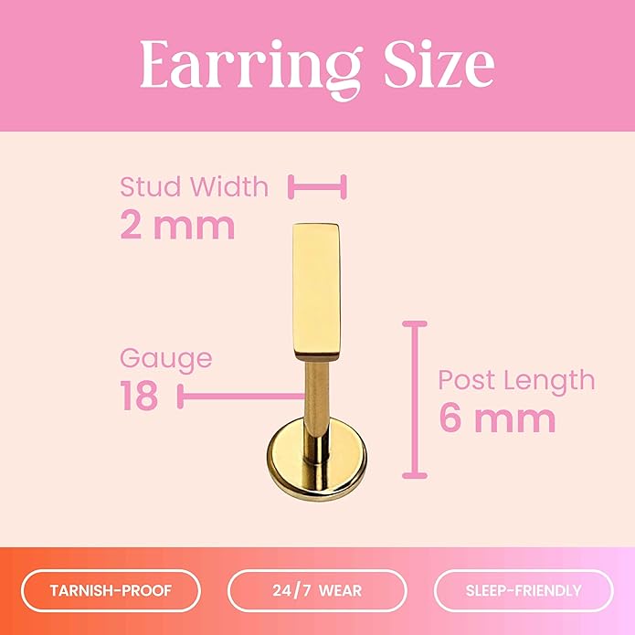 Cords Club Bar Flat Back Stud – ASTM-F136 Implant Grade Titanium - Push Pin Design for Sensitive Ears (Single Earring)