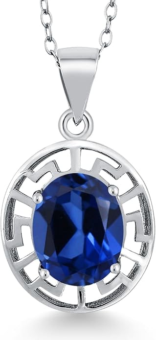 Gem Stone King 925 Sterling Silver 10X8MM Oval Gemstone Birthstone Necklace | Greek Key Pendant Necklace for Women | With 18 Inch Silver Chain