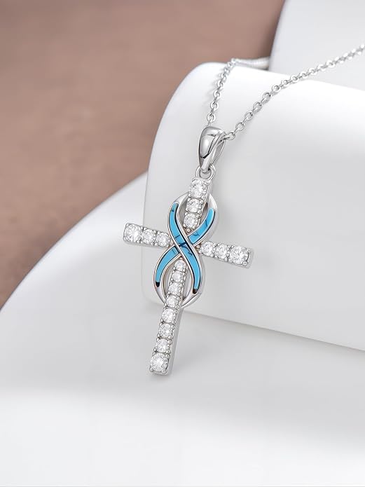 HPQQ Cross Necklace 925 Sterling Silver Turquoise Tree of Life Celtic Knot Cross Pendant Jewelry Mother's Day Gifts for Women