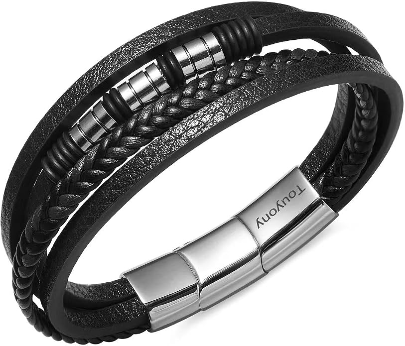 Mens Leather Bracelet Multi Layer – Braided Black Wristband with Stainless Steel Clasp, Minimalist Stylish Jewelry for Men, Everyday Wear Brown Black Blue