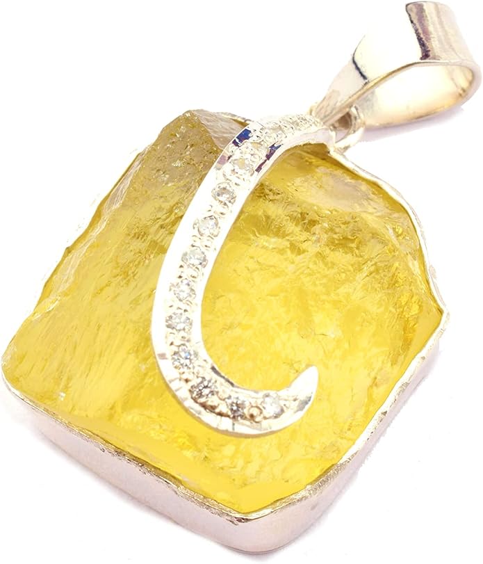 Natural Raw Lemon Quartz Stone Rough Crystal Gemstone Dainty Women Pendant Necklace, Chakra Healing Crystals, Birthstone, Gift, Rhodium Plated 925 Sterling Silver Chain 18 inch