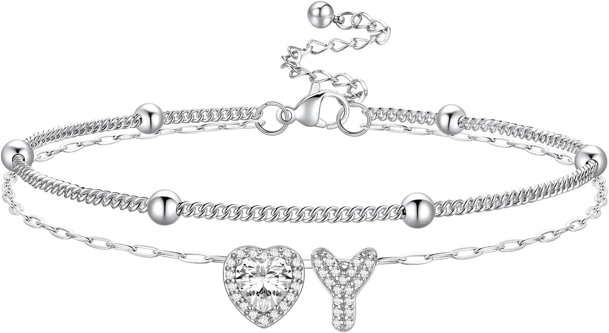 Bestyle Initial Anklet Bracelets for Women Waterproof Non Tarnish 14K Gold/White Gold Plated CZ Anklets for Women Dainty Layered Letter Heart Ankle Bracelets Adjustable Foot Chain Anklet