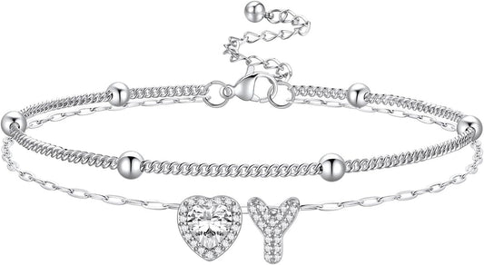 Bestyle Initial Anklet Bracelets for Women Waterproof Non Tarnish 14K Gold/White Gold Plated CZ Anklets for Women Dainty Layered Letter Heart Ankle Bracelets Adjustable Foot Chain Anklet