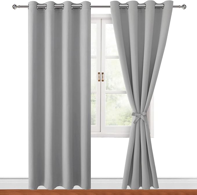Hiasan Blackout Curtains for Bedroom, 52 x 96 Inches Long - Thermal Insulated & Light Blocking Window Curtains for Living Room, 2 Drape Panels Sewn with Tiebacks, Silver Grey