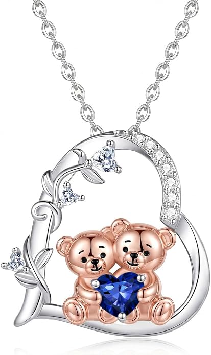 PELOVNY Teddy Bear Necklace for Women 925 Sterling Silver Bear/Highland Cow/Fox/Cat/Axolotl Birthstone Necklace Christmas Birthday Jewelry Gifts for Mom Daughter Wife Sister