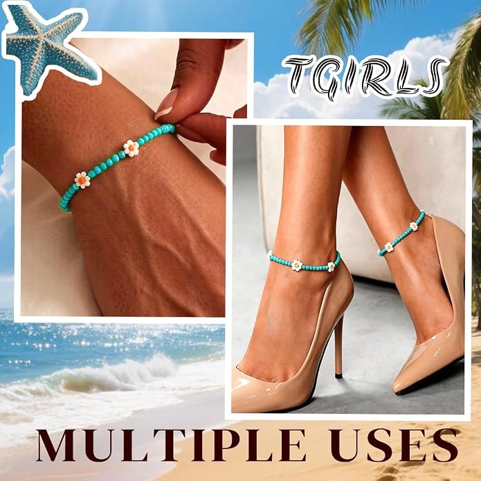 Tgirls Boho Ankle Bracelets for Women Beaded Anklets Chain Beachy Flower Foot Accessories