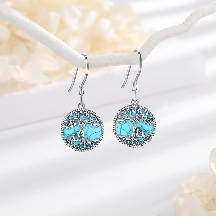 Vito 925 Sterling Silver Teardrop Earrings for Women, Moonstone Turquoise Drop Dangle Earrings Cat Snake Turtle Tree of Life Leverback Earrings Boho Jewelry Gift for Mom Wife