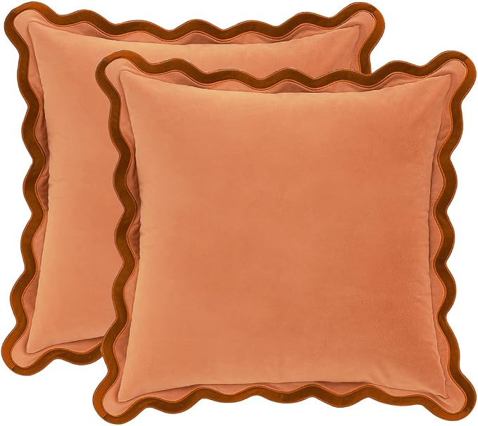 MONDAY MOOSE Decorative Throw Pillow Covers Cushion Cases, Set of 2 Soft Velvet Scalloped Wavy Edge Designs, Mix and Match for Home Decor, Pillow Inserts Not Included (22x22 inch, Rust/Coral)